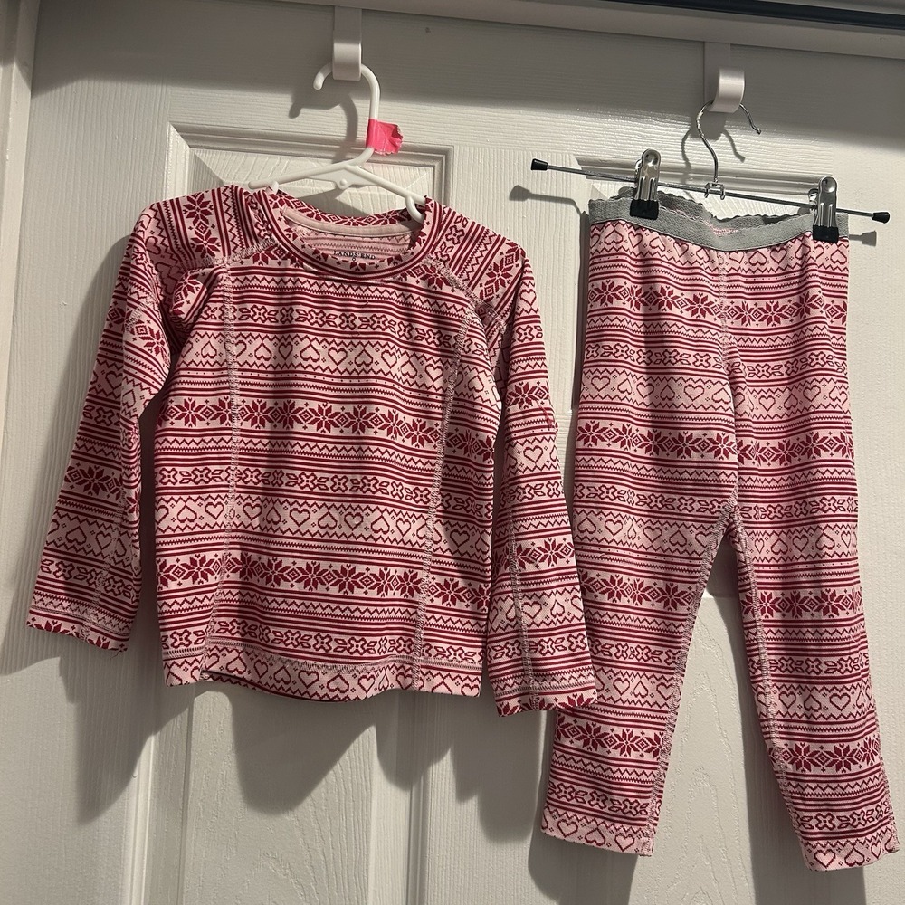 Lands' End Kids Size Small 4 Thermal Pajama Set Pink Red Nordic